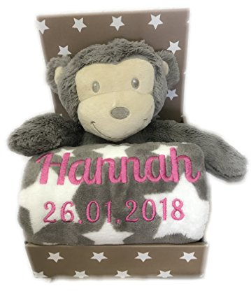KIDDI-MEDIA Kinder Baby Set mit Name & Geburtsdatum Bestickt (auf der Decke) inkl. Plüsch Stofftier - Geschenk Taufe Geburt/CE-Zertifizierung (Braun/Weiss - AFFE)