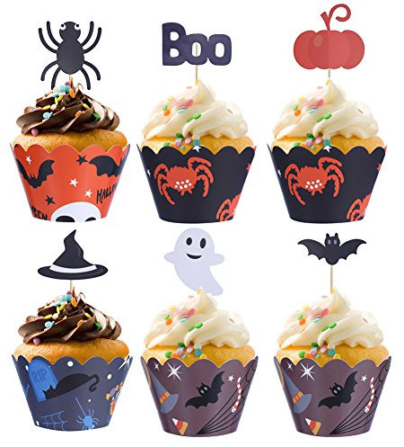 Halloween Cupcake Wrapper Cases 24 Bake Paper Cups Baking Cup Muffin Case and 24Spider Cupcake Toppers for Wedding Halloween Party Birthday Decoration