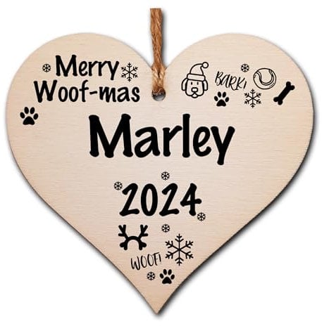 Personalised Handmade Christmas Hanging Wooden Heart Plaque Decoration Gift for dog lovers to hang on the Xmas tree 2025 or as a gift tag