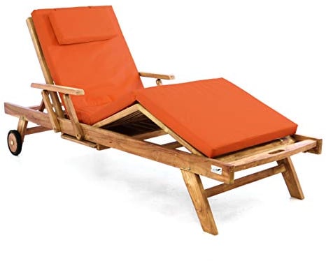 Divero Sonnenliege Holzliege Gartenliege Teak-Holz behandelt mehrfach verstellbar inkl. Räder Tablett + Liegen-Auflage 4-teilig wasserabweisend orange