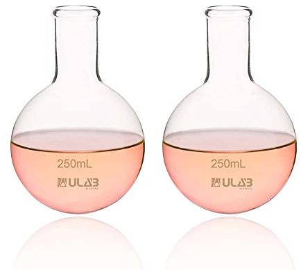 ULAB Boiling Flask of Round Bottom Set, 2pcs of Vol.250ml, Borosilicate 3.3 Glass Material, UBF1004