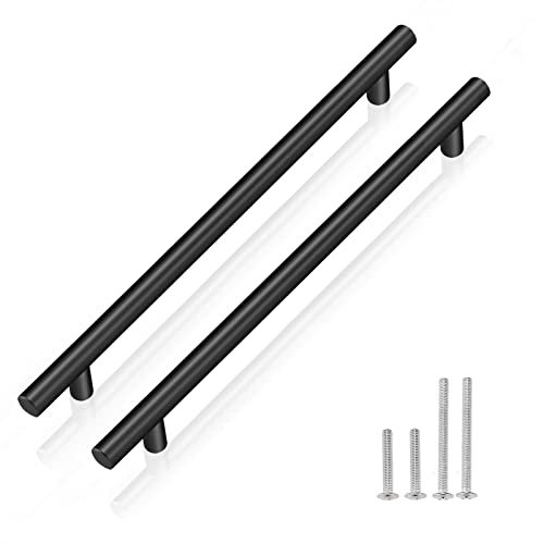 PinLin 10 Pack Kitchen Door Handles 192mm Hole Centre Flat Black Cabinet Handles Stainless Steel Cupboard T Bar Handle (Screws Included)