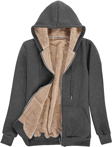 AOTORR Ladies Plain Fleece Hoodie Coats Womens Zip Up Long Sleeve Winter Warm Hooded Jacket Dark Gray Large