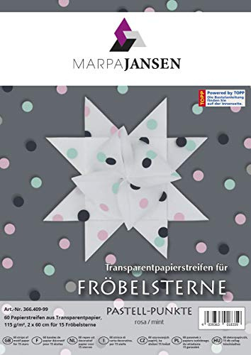 Transparentpapierstreifen für Fröbelsterne - (2 x 60 cm, 60 Streifen, 115 g/m²) - Pastell-Punkte rosa / mint