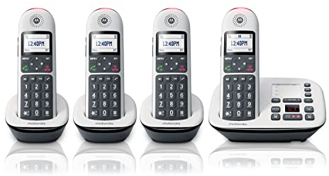 Motorola CD5014 Digital Cordless Telephone Phone with Answering Machine(4 Handsets) DECT 6.0 Long Range System, Big Buttons, Big Backlit Display, Audio Assist, Volume Boost, Block up to 1000 Numbers