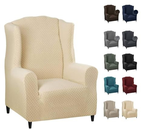 MAXIJIN Elastischer Sesselbezug mit Ohren 1 Stück Jacquard Sofaschutz Kopfstütze Sofabezug Sessel mit breiter Rückenlehne (Hell Beige)