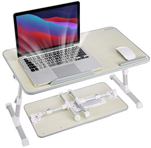 8AMTECH Laptop Table, Adjustable Laptop Desk with Cooling Fan Foldable Laptop Tray with Legs Bed Table for Laptop Working Reading and Writing Eating in Bed Sofa Couch Floor (Medium, Wood)