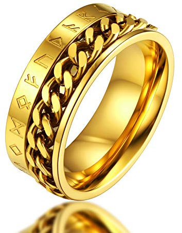 FaithHeart goldener Viking Rune Fingerring mit Panzerkette Spinnerring zum drehen Herren Jungen drehbarer Meditationsring Verlorbunsring Paarring für Geburtstag Hochzeit
