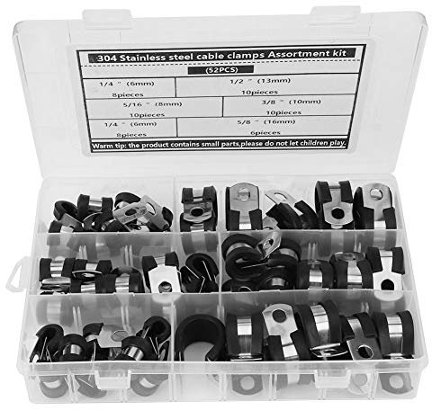 52Pcs R-Type Clip Stainless Steel Rubber Sleeve Cable Clamp Assortment Kit for Electric Wire Management