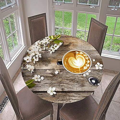 Morbuy Rund Tischdecke Elastisch, Kaffee Drucken Rund Tischdecken Wasserdicht Lotuseffekt Abwaschbar Abwischbar Tischtuch für Dekoration Küchentisch Garten Outdoor (Durchmesser 110cm,Weiße Blume)