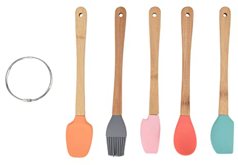 5 pezzi Spatola piccola in silicone Mini, spatole in silicone Set di strumenti per la cottura Spazzole per pasticceria Raschietto per cucchiai con manici in legno Set di utensili da cucina