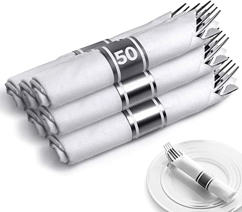 Pre Rolled Plastic Silverware Sets for Parties (50 Pack) Silver Cutlery Set, Disposable Spoons, Forks, Knives, Napkins Prewrapped, Heavy Duty Utensils Individually Wrapped for Wedding, Thanksgiving