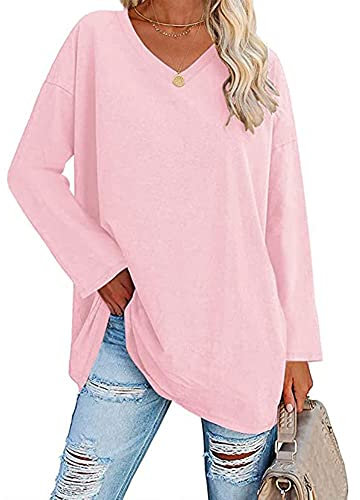 Famulily Ladies Autumn Spring Basic T Shirt Tops Women V Neck Long Sleeve Oversized Tops Pink XL