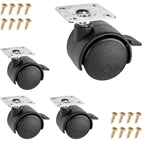 Möbelrollen Set, 4 Stück, in Schwarz, Ø 30 mm Rolle, 41 mm Gesamthöhe, 30 x 30 mm Anschraubplatte mit 360° Rotation, Lenkrollen zum Anschrauben, 20 kg Tragkraft je Doppelrolle, Laufrolle mit Bremse
