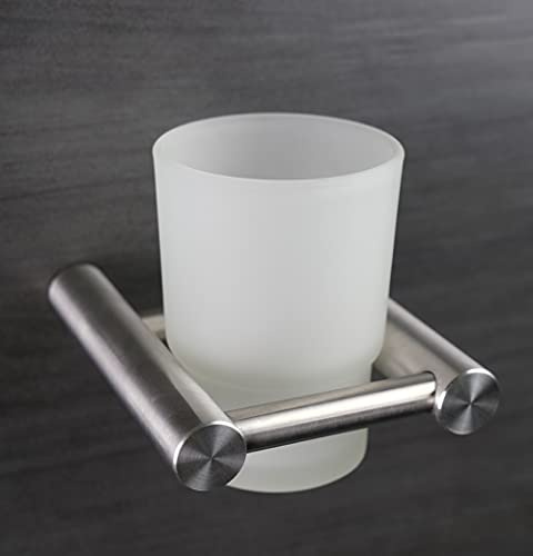 BOURGH Serie Tosca Zahnputzbecher aus Edelstahl - Zahnputzbecherhalter mit Wandmontage inkl. Schrauben und Dübel - Zahnputzbecher Glas für Badezimmer - Becherhalter Bad Zubehör