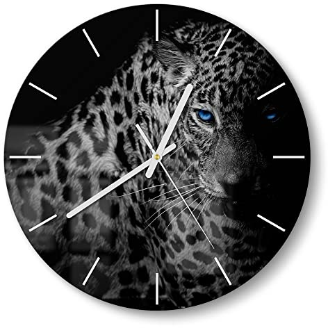 DEQORI Glasuhr | rund Ø 30 cm | Motiv Leopard mit blauen Augen | ausgefallene leise Design Uhr aus Glas | Wanduhr für Wohnzimmer & Küche | moderne Hingucker Uhr für die Wand