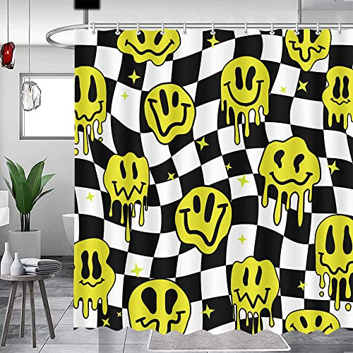 MEHOFOND Schwarz Weiß Karierter Duschvorhang Lustiger Lächeln Gesicht Duschvorhänge für Badezimmer Dekor Waschbar Durable Fabric Duschvorhänge 183 x 183 cm