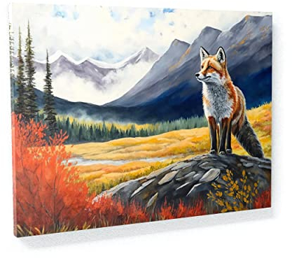 Sense Canvas Kunstdruck auf Leinwand, Motiv: Fuchs, Herbst-Berglandschaft 42, Heimdekoration, Wandkunst, Poster, Gemälde, groß, 40 x 30 / 1,9 cm