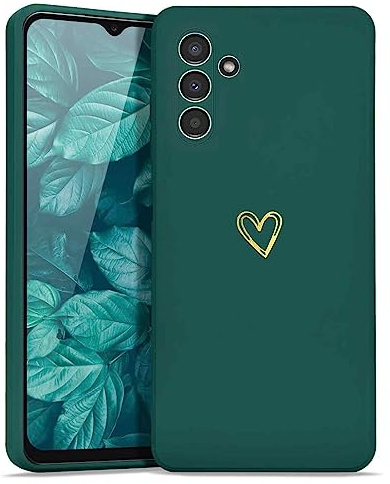 Wirvyuer Compatible with Samsung Galaxy A14 Phone Case 5G/4G for Women Girls Silky Soft Protective Shockproof Silicone Case with Gold Heart Pattern Design Green