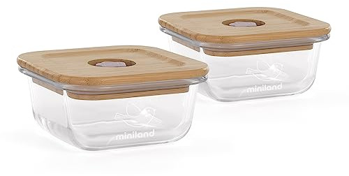 Miniland Set Ecosquare Frog. Ensemble de deux conteneurs en verre hermétiques avec couvercle en bois FSC.