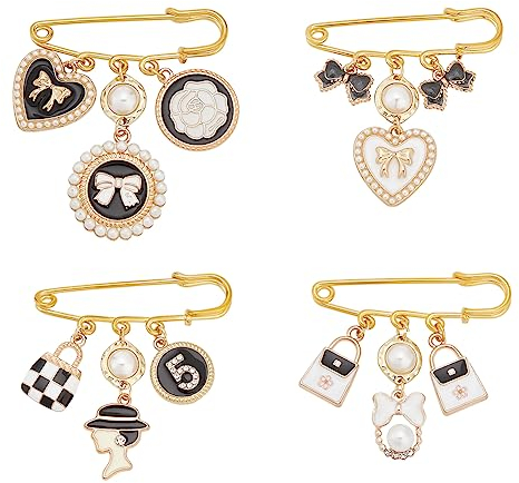 FINGERINSPIRE 4 Stück Modische Broschennadeln Mit Schleife Herz Tasche Und Nummer 5 Sicherheitsnadel Broschen Retro Legierung Emaille Goldene Anstecknadeln Perlenbroschen Für Frauen Hochzeits