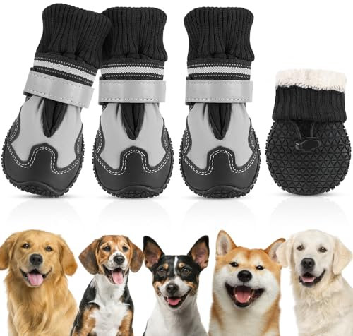 SlowTon Hundeschuhe Pfotenschutz, 4 Stück rutschfeste wasserdichte Hunde Schuhe mit reflektierendem Klettverschluss, Winter Schnee Hundestiefel für große mittlere kleine Hunde Sport im Freien, Size 7