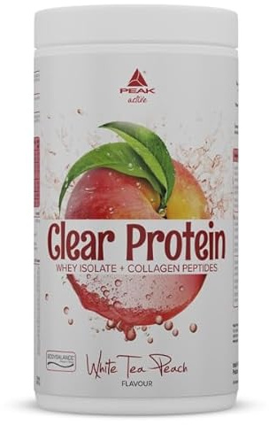 PEAK Clear Protein - 450g Geschmack White Tea Peach I 15 Portionen I klares Whey Protein Isolat + bioaktive Kollagenpeptide I BODYBALANCE I fruchtiger, erfrischender Geschmack I zuckerfrei
