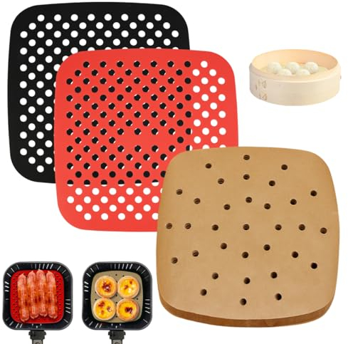 100 Piezas Papel Air Fryer,Papel Horno Freidora Aire Papel Air Fryer Cuadrado Papeles Airfrier Moldes de Papel para Freidora de Aire Papel Freidora,2 Piezas Alfombrilla Silicona Freidora Aire(21,5 cm)