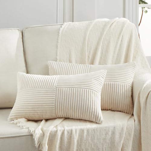 FDTERN Lot de 2 Boho Housse de Coussin 30x50 Crème,à Motif Croisé Decoration Beige Clair Housses de Coussin en Velours Côtelé,Douillet Taie d'oreiller Housse Coussin Moderne pour Canapé Chambre Lit