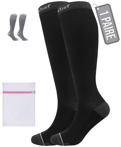360 RELIEF Chaussettes de Contention Homme et Femme - Classe 1 Chaussette de Compression pour Running, Voyage, Avion, Sports - Bas de Contention 15-20 mmHg L/XL Noir Avec sac de lavage en filet