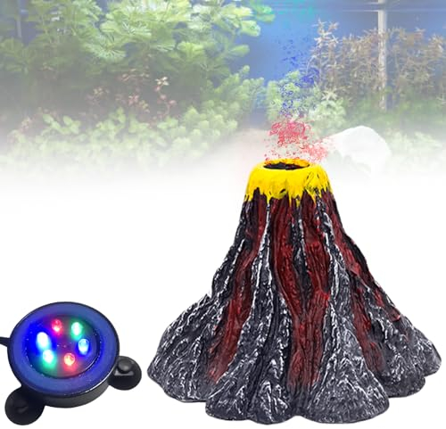 Leikurvo Aquarium Vulkan Ornament Kit, Aquarium Sprudler Stein Sauerstoff Pumpe Multi Farbe LED Licht Luftstein für Fische Aquarium Luft Stein Lichtpumpe Luftblase Stein Vulkan Lampe Aquarium Deko