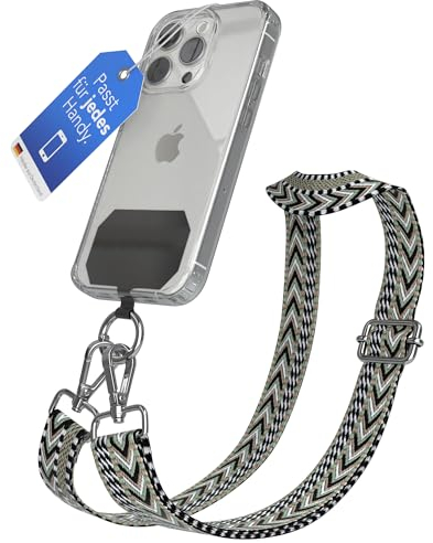 EAZY CASE - Handykette Universal zum Umhängen kompatibel mit jedem Handy Kette mit Hülle kombinierbar Handykordel mit Karabiner für Handyhülle Handyband zum Umhängen Bunt Boho Kordel in Schwarz Grün