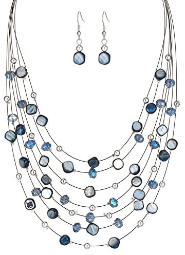 FULU AUTUMN Boho Mehrschichtige Perlenkette Damen Perlen Statement Kette und Ohrringe Set Modeschmuck für Mütter Frau Oma Mode Geschenke(Blue)