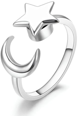 Anxiety Ring Spinner Ringe Damen Silber, Verstellbar Anti Stress Ring Mit Kristall Sterne und Mond Sonne Schmetterling für MäDchen Herren Geburtstags-Party-Geschenke,Stil E