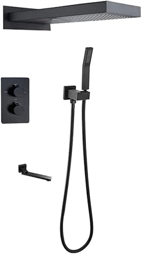 Thermostat-Brausebatterie, schwarzes Duschset, 3-Funktions-Mischbatterie, Duschset, 8 Zoll quadratische Regenduschköpfe, 500 x 220 mm, rechteckig-A