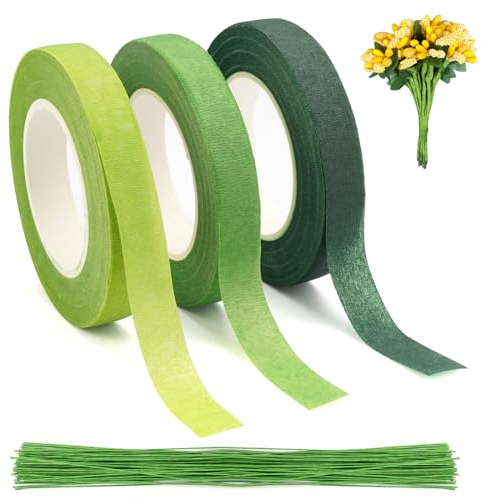 3 Rouleau Floral Ruban Adhésif,30M x 12mm Ruban Fleuriste avec 100 Fil De Fer Fleuriste,Tiges Rubans De Fleuriste Bande,Rubans De Fleuriste,Fil De Fer Fleuristea,pour Bouquets, Emballage De Fleurs