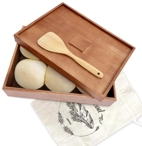 Pizzateig-Gärbox aus Holz, 40,6 x 30,5 cm, Pizzateig-Gärbehälter mit Deckel und Griff, für Zuhause, Küche, hausgemachtes Pizza, Brot, Gärbehälter, Tablett mit Holz-Teigspatel und Leinenbrotbeutel