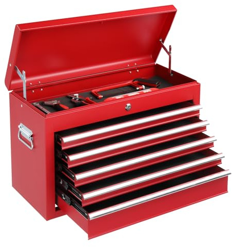 Winado 24 Portable Tool Box, 5 Drawers & Top Storage Tray Tool Box with Drawers, Lockable Metal Tool Chest Cabinet for Garage, Warehouse, Repair Shop & Home, Red