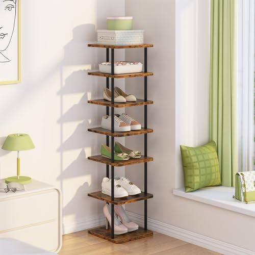 Huhote Shoe Rack Organizer, Shoe Stand, 7 Tier Narrow ShoeShelf, Metal ShoeTower, ShoeRack for Closet, Hallway, Entryway, Front Door, Small Spaces, Wood Color