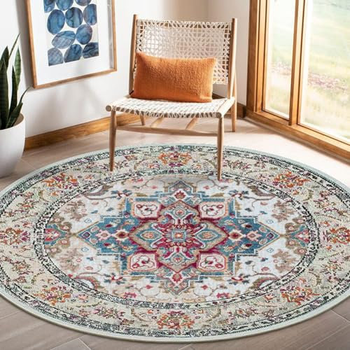 Nyescasa Runder Teppich 160 cm Vintage Boho Mandala Teppich Wohnzimmer Waschbar rutschfest Weich Kurzflor Runder Teppiche für Schlafzimmer Kinderzimmer Outdoor, Beige Blau Rot