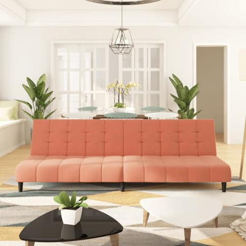 Hommdiy Schlafsofa 2-Sitzer, Sofa mit Holzrahmen,Schlafcouch für Wohnzimmer Heimkino Büro,Couch Sofabett Tagesbett Gästebett, Samt Schlafsofa,Rosa,Ohne Armlehnen