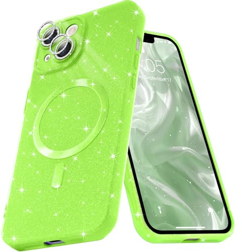 Micoden for iPhone 13 Case Bling Compatible with Magsafe | Magnetic Cute Glitter Sparkle Shiny Phone Case for Women Girl,Shockproof with Camera Protector-Neon Green