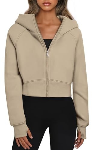 Timuspo Felpa corta da donna con cappuccio e cerniera, fodera interna in pile, con cerniera, per autunno e inverno