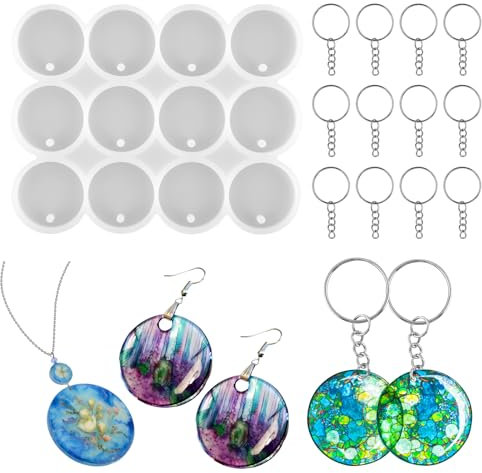Qichan 12 Stück Epoxidharz Silikon Formen, Silikonform Schlüsselanhänger mit 12 Schlüsselring, Silikonformen Gießformen rund, Epoxidharz Formen Schmuck für Harzguss, Ohrringe, Schlüsselanhänger