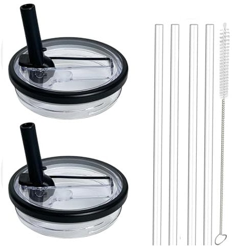 2 Pack 40 oz Tumbler Flip Straw Lid Replacement fit for Stanley Quencher 1.2L, Spill Proof Splash Resistant Tumbler Lids, Tumbler Cover Sets with 4 Straws and 1 Cleaning Brush (black, 40oz)