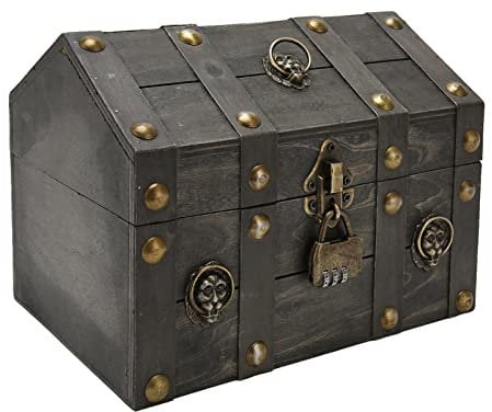 Wooden Treasure Chest Boxes, Distressed Gray Vintage Storage Box with Optional Locks, Key & Combination, Jewelry Photo Letter Organizer, Resettable Password, 9.4x7.1x6.7in