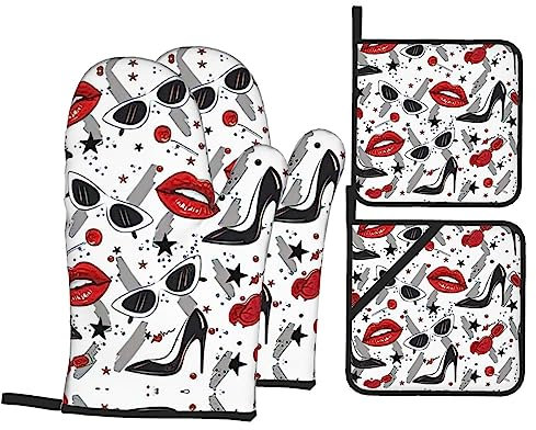 Lips High Heels Christmas Oven Mitts With Pot Holders Sets 4pcs,Heat Resistant,Oven Mitts Gift For Family