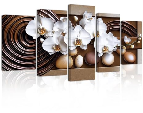LZIMU Large Flowers Canvas Wall Art 5 Pieces White Orchid Picture Prints Abstract Floral Painting Framed Artwork for Home Bathroom Decor (Brown, 8x14x2 8x18x2 8x22x1)