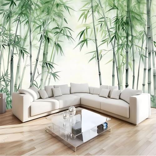 Papier Peint Panoramique Plantes À L'Aquarelle, 396X280Cm (L×H) Revêtement Mural Décoration Pour Chambre Salon, Design Moderne Vert Forêt De Bambous Papier Peint Tapisserie Poster Mural