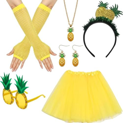 ZGCXRTO 6 Stück Ananas Kostüm Set,Obst Schmuckset Mit Ananas Anhänger,Ananas Haarband und Gläser,Damen Frucht Faschingskostüme,Hawaii Kostüm Accessoire, Ananas Party für Karneval (yellow)